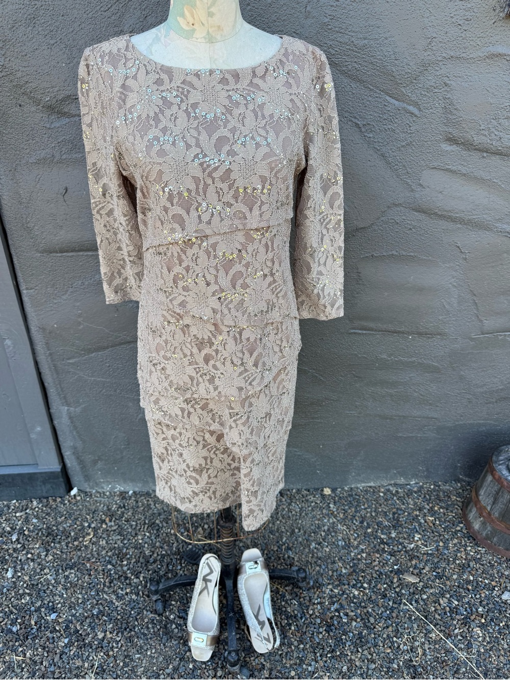 Ronni Nicole Nude Lace Sheath Dress with Gold Sequin Accents